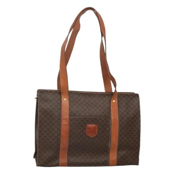 CELINE Macadam Canvas Tote Bag PVC Leather Brown Gold Auth ep8342 - Picture 1 of 16
